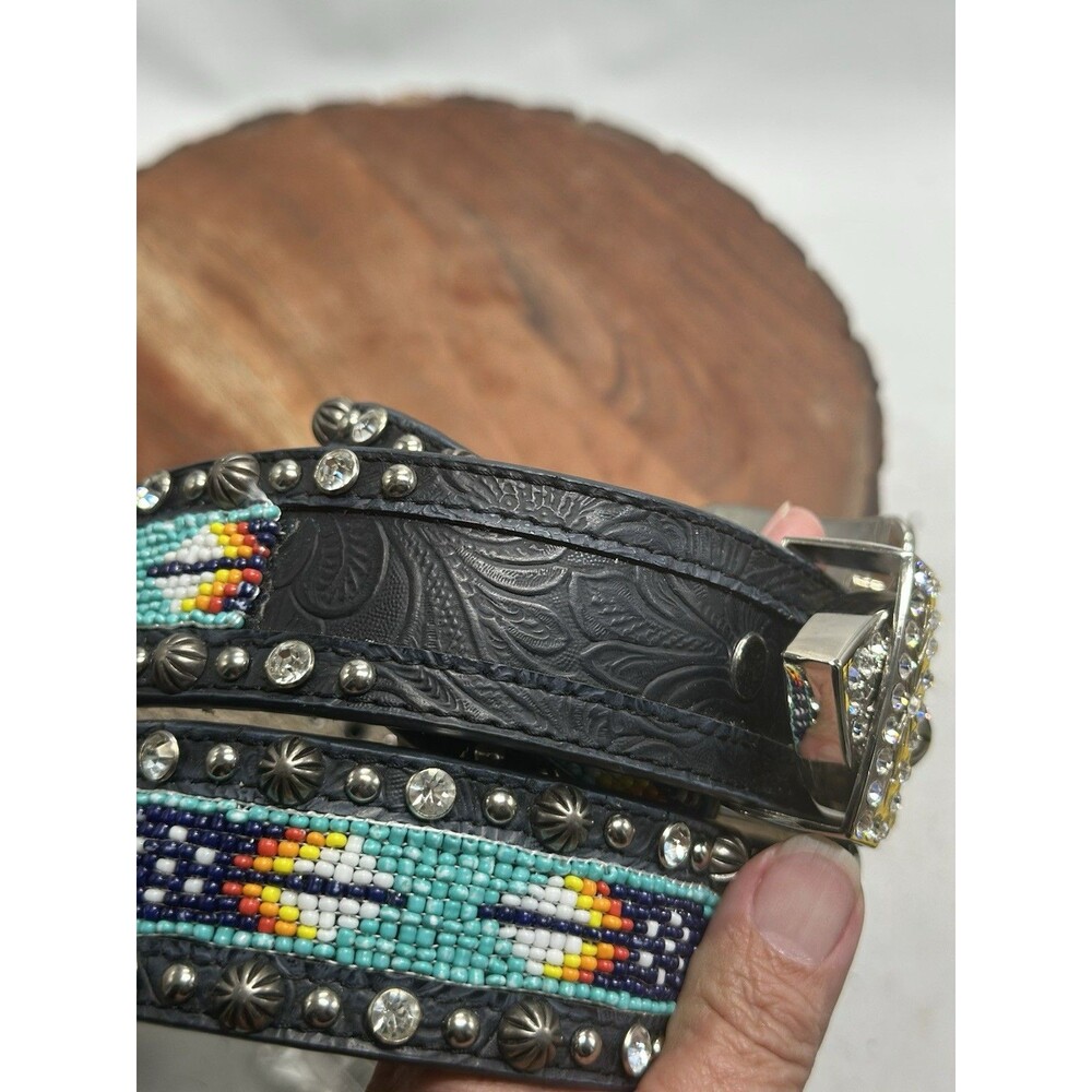 Tooled Leather Studded Silver & Rhinestone Aztec Blazin Roxx Bling Belt Rodeo - Picture 3 of 10